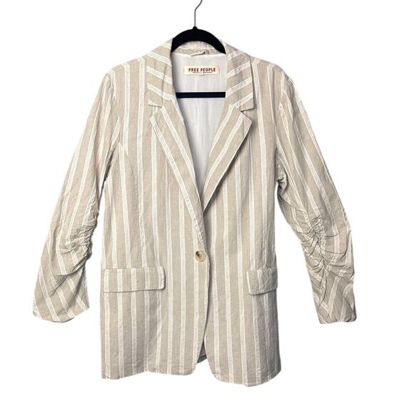 Free People Fern Stripe Oversize Linen Blend Blazer Dusty Beige Size M NWOT - Picture 4 of 11